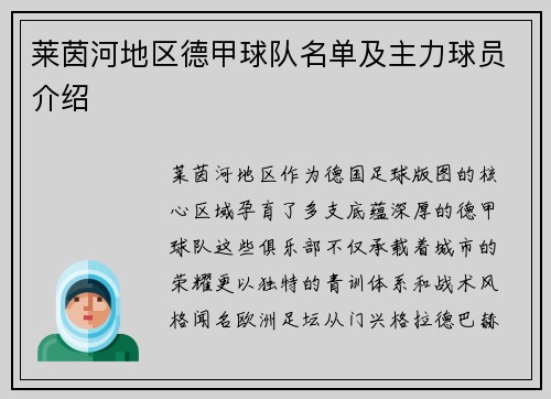 莱茵河地区德甲球队名单及主力球员介绍