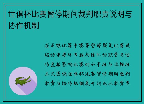 世俱杯比赛暂停期间裁判职责说明与协作机制